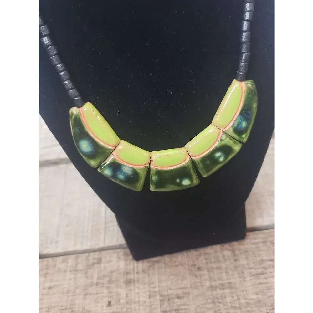 ARTISAN Pottery Beaded Necklace Greens